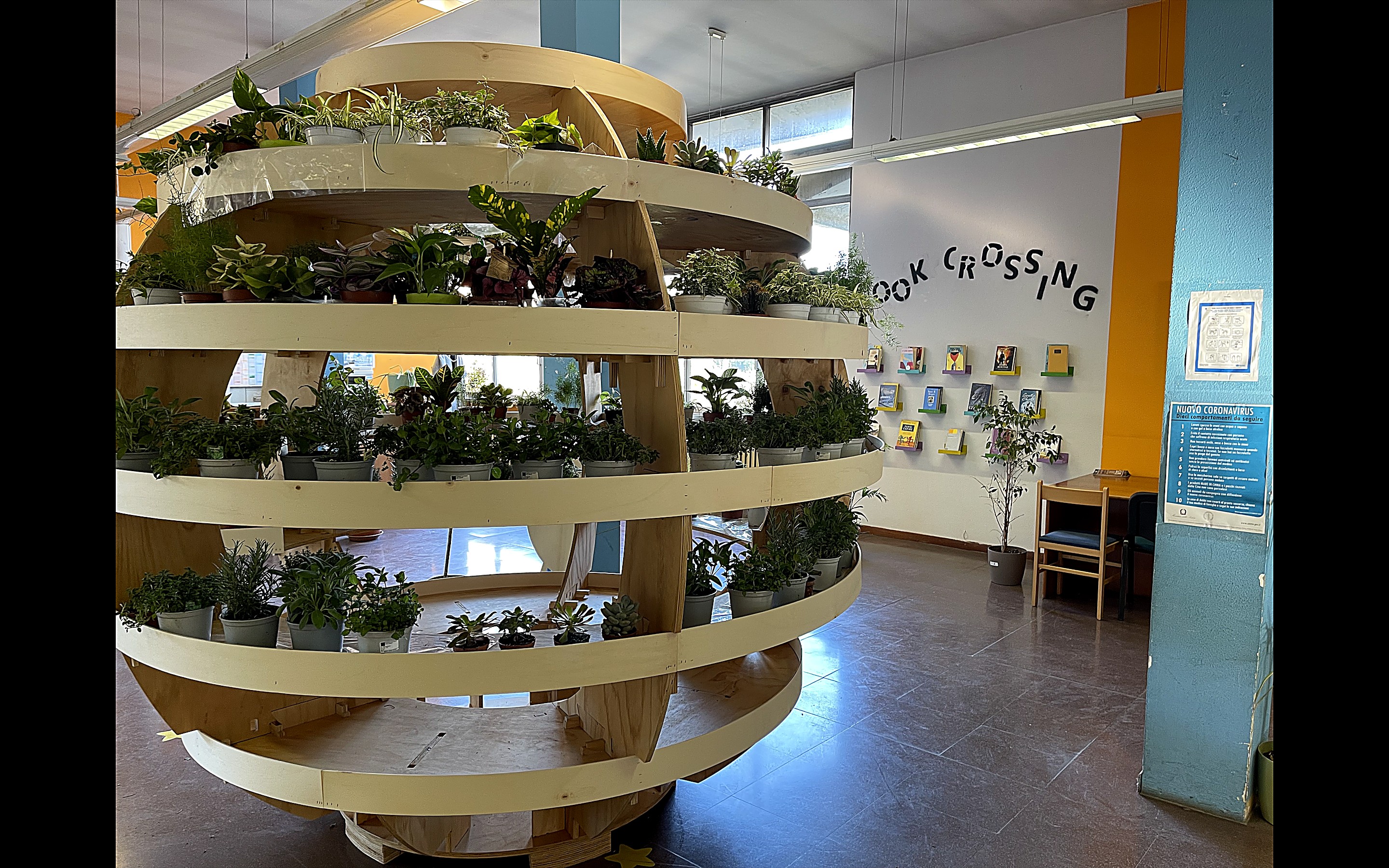 La libreria ad albero con il book crossing in biblioteca